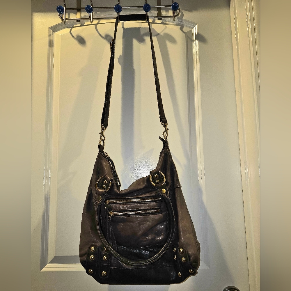 LINEA PELLE Brown Leather Convertible Double Handles Messenger Crossbody Purse